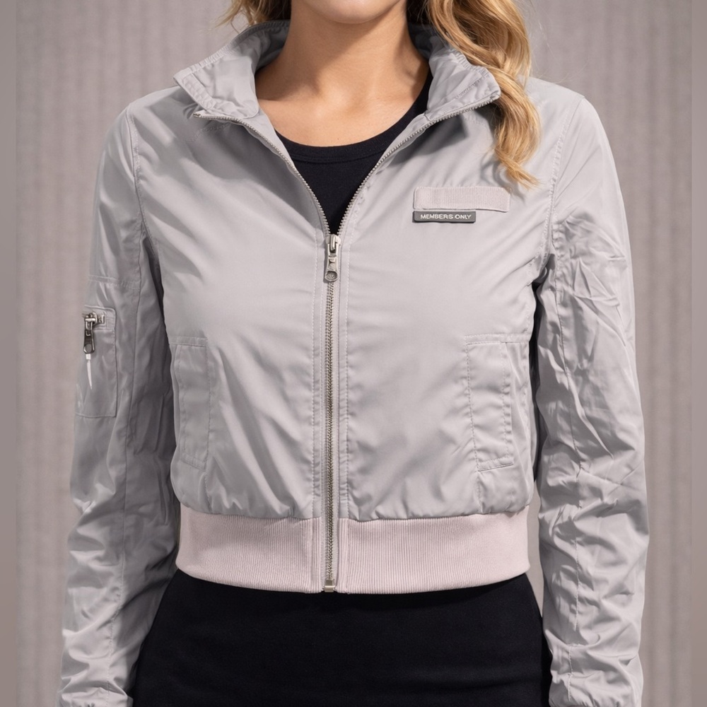 Members Only Light Gray Cropped Bomber Jacket